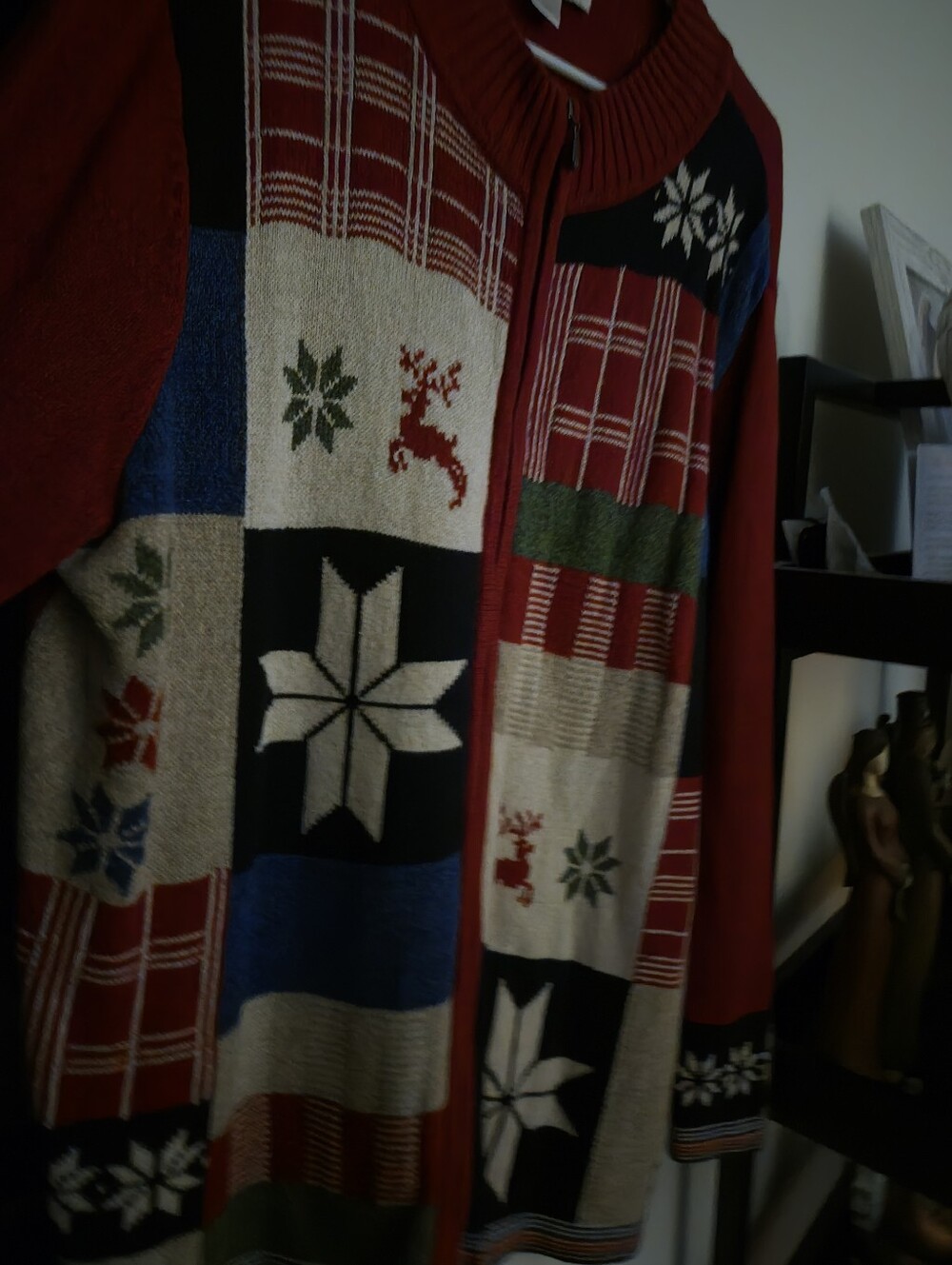 Ladies Red Patchwork Holiday Zip-Front Sweater